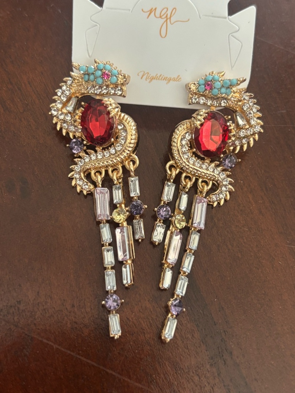 Gold Dragon Red Crystal Drop Earrings